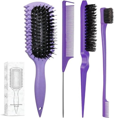 Curl Defining Brush, Curly Hair Brush Products With 3 Pcs Slick Back Hair Brush Set Bristle Brush Edge Control Teasing Comb for women (Purple) by Unknown