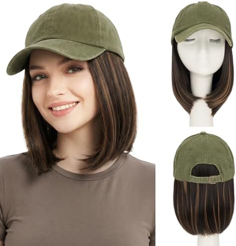 SEGO Unisex Vintage Baseball Cap with Hair Extensions for Women Synthetic Hair Attached Hairpiece Olive Green Baseball Cap Wig Adjustable Hat Wigs for Women 6 Inch 10P22T Medium Brown Mix Dark Blonde by SEGO