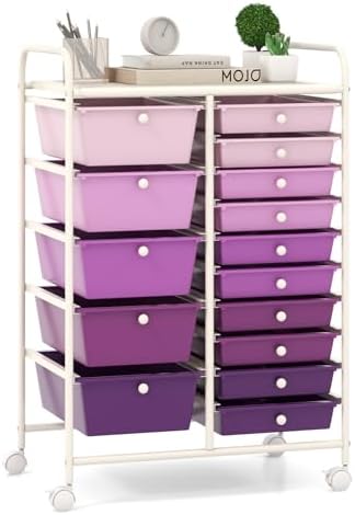 Giantex 15 Drawers Rolling Cart, Classroom Organizers, Storage Cart with Wheels, for Teacher Office Home School Supplies Tool Craft Art Paper, Purple Gradient by Giantex
