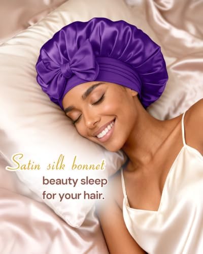 BONNET QUEEN Double Layer Silk Bonnet for Sleeping for Women Satin Lined Bonnet Night Cap for Curly Hair with Tie Band,Purple - Image 2