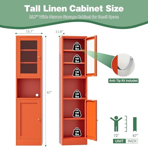 Slim Pantry Cabinet with Hutch, 67" Tall Narrow Storage Cabinets for Small Space,Narrow Metal Corner Cabinet with 3 Adjustable Shelves, Freestanding Tall Bathroom Cabinet for Entryway, Living Room - Image 3