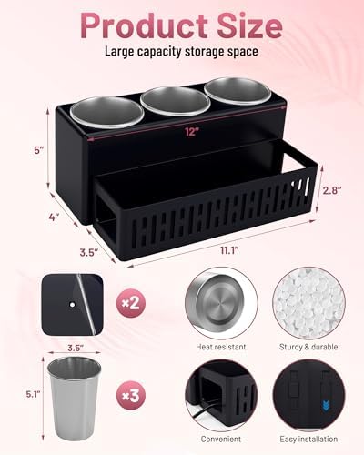 Hair Tool Organizer, Detachable Hair Dryer Holder with 3 Stainless Steel Cups, Wall Mounted Bathroom Organizers and Storage for Accessories, Curling Irons, Straighteners, Toiletries, Makeup - Image 2