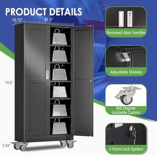 75" Metal Garage Storage Cabinet with Wheels and Locking Doors and Tall Rolling Steel Tool Cabinet with 5 Adjustable Shelves for Garage,Home,Office,Shop (Black, 75''H x 32''W x16''D) - Image 3