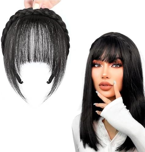 Wig with Bangs and Sideburns Trendy Braided Headband Hair Accessories Braid Headband for Women Hair Extensions Bangs Girls Braided Wigs (Black) by PANGHUDM