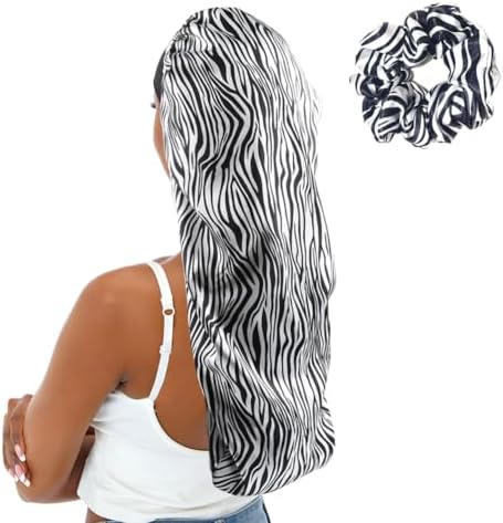 Extra Large Satin Bonnet for Women, Double-Layer Silky Sleep Cap, Long Hair Bonnet with Tie Band for Braids/Curly/Long Hair (Zebra Pattern) by senthair