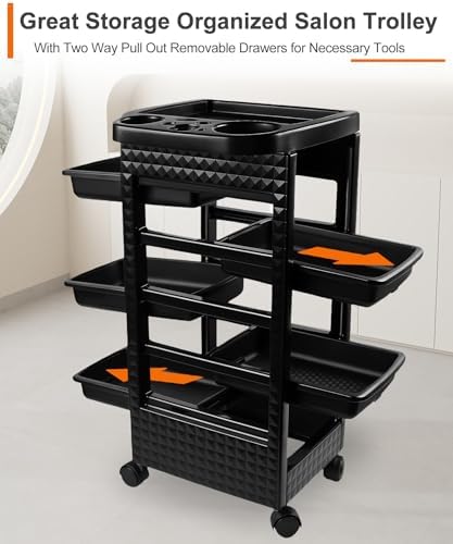 Hair Styling Salon Trolley Cart with Wheels and 5 Drawers,Rolling Cart for Hair Stylist, Beauty Salon Equipment,Tattoo(Black) - Image 4