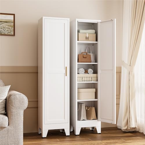 YAUWOH Narrow Metal Storage Cabinet, Tall Freestanding Cabinet with 4 Adjustable Shelves & Barn Doors, Pantry Organizer for Bathroom Kitchen Home Office Dining Room（1PC,White） - Image 5