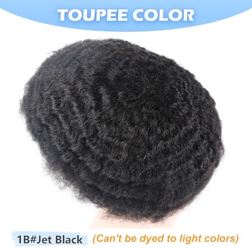 Mens Afro Curly Toupee 10MM Weave Hair Unit for Black Mans Human Hair Wigs PU 1B# Off Black Mens Hairpiece 8x10inch Kinky Curly 360 Wave Patch Units for African American - Image 6