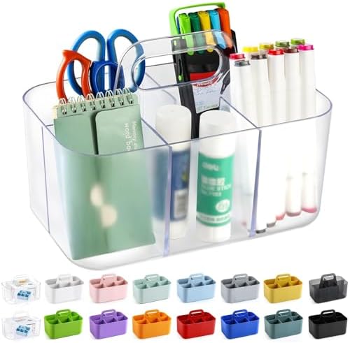 Multiuse Caddy Organizer with Handle, Portable Plastic Tote Bin - Art Craft, Stationary Pen Marker Crayons, Makeup Hair Supplies Storage - Bathroom, Classroom, Dorm, Office, Desk Holder -Frosted Clear by AOZITA