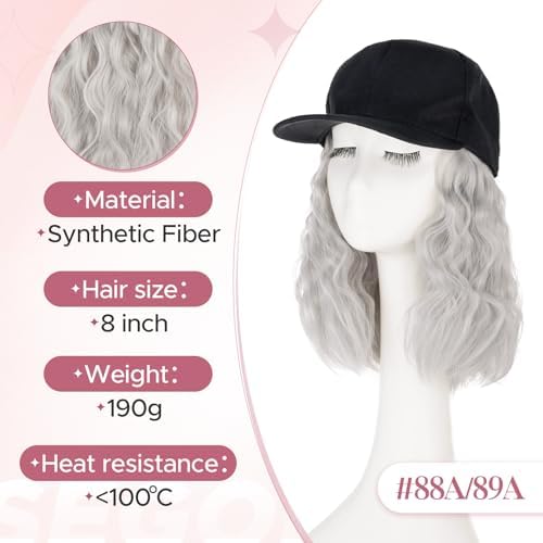 SEGO Baseball Cap with Hair Extensions for Women Heat Resistant Synthetic Hair Attached Long Curly Hairpiece Black Baseball Cap Wig Adjustable Hat Wigs for Women 8 Inch 88A/89A Light Grey - Image 5