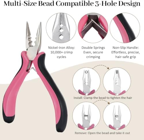 Hair Extension Tools Kit, 200 Silicone Lined Ring Beads, 1 Crochet Hook; 1 Threader, 1 3‑Hole Pliers, 1 Sewing Thread, 8 C/J/I Needles, 1 Storage Box×1–Size: 15cm×9cm - Image 3