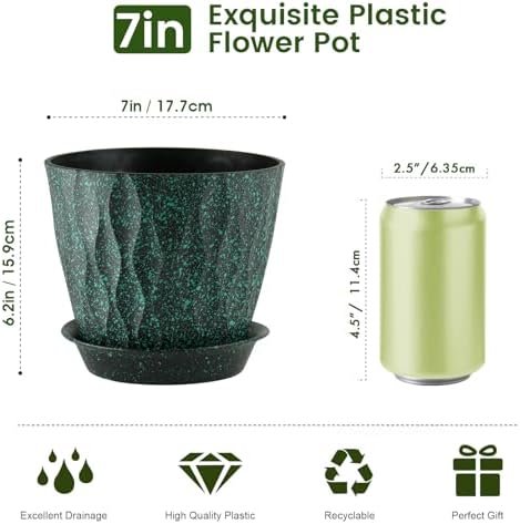 Meowell 7 inch Plant Pots for Indoor Outdoor Plants, 5 Pack Thick Flower Pots with Drainage Holes and Saucers, 3D Modern Wave Texture Plastic Planter Nursery Pots, Black with Green Speckles - Image 2