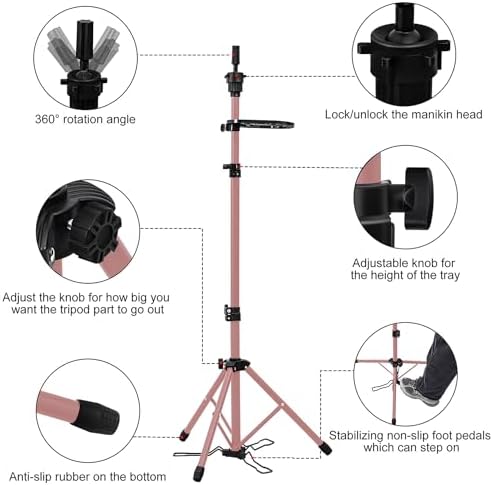 Klvied Adjustable Wig Tripod Stand, Foot Panel, Rose Gold - Image 6