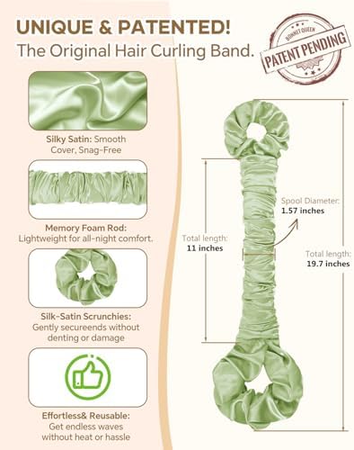 BONNET QUEEN Large Satin Heatless Hair Curler for Long Thick Hair, All-in-One Overnight Curling Rod, Heatless Curls Bun with Built-in Scrunchies, Day-to-Night Styling for Sleep, Travel & Gym, Sage - Image 2