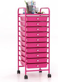 Giantex 10-Drawer Storage Cart w/Universal Wheel, Rolling Cart w/Handle, Home Organizer Storage Unit w/Removable Drawers, Trolley Utility Cart for Kitchen Makeup Living Room Office Play Room, Hot Pink by Giantex