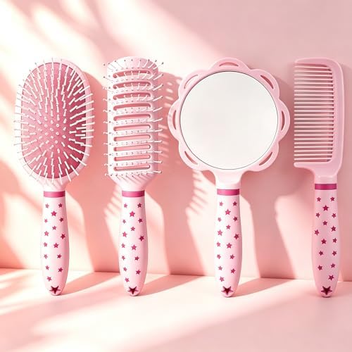 4 Pieces Hair Brush Set Detangling Hair Brush Hair Comb Set For Women Girls Gifts Cute Shaped Hair Combs Hair Brushes Handheld Mirror Sets Massage HairBrush with Air Cushion For Wet Dry Hair (Pink) by Lyaiwever