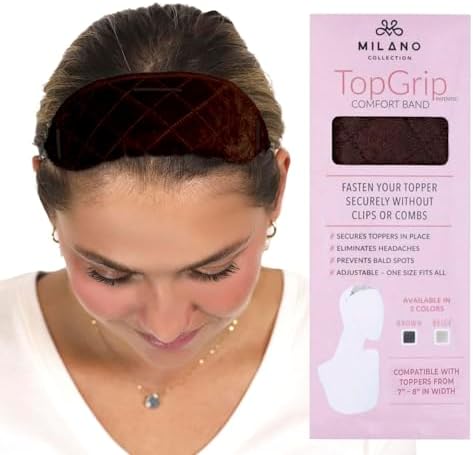 MILANO COLLECTION Glueless Top Grip for Hair Topper & Wiglets, Adjustable Translucent Strap with Side Openings, Top Headband for Your Wig or Topper, Includes Clips, Brown, Medium by MILANOCOLLECTION