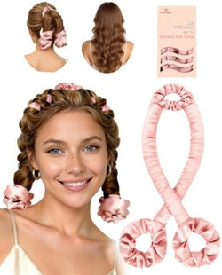 BONNET QUEEN Heatless Hair Curler for Heatless Curls Overnight, All-in-One Sleepy Tie Satin Curling Rod, Hair Curlers to Sleep In, Overnight Blowout Rods, Hair Rollers for Women Long Hair, Cream Pink by BonnetQueen