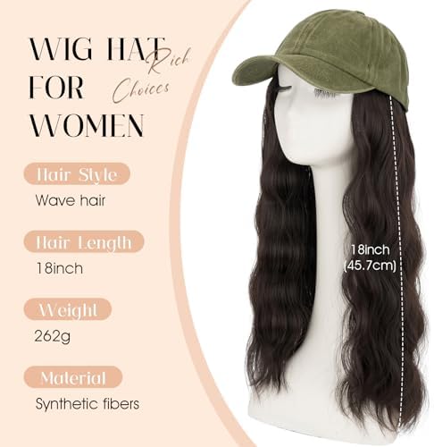 Rich Choices Hat Wigs for Women,Olive Green Baseball Cap with Hair Extensions for Women,Caps with Wavy Curly Synthetic Long Hair Attached Adjustable Baseball Cap Wig 18 Inch Dark Brown Hair - Image 2