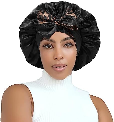 CHLINS Satin Bonnet Silk Sleep Cap for Women - Stretchy Tie Band Hair Cap for Curly Hair - Silk Wrap (Black+Leopard Print) - Image 2