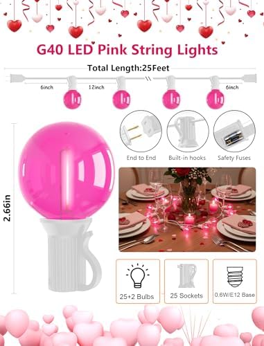 25FT G40 LED Outdoor Valentine's Day String Lights, Pink Valentine's Day Decorations Lights with 27 Shatterproof Pink Globe Bulbs, Hanging Patio Lights Waterproof for Holiday Backyard Party Garden - Image 2
