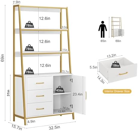 HITHOS White Gold Bookshelf, 69" H Ladder Book Shelf with Drawers & Shelves - Image 3