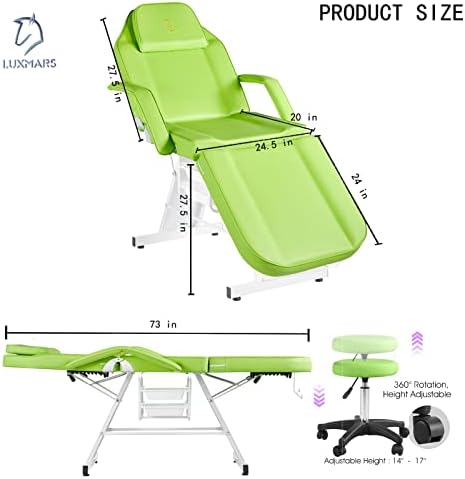 Facial Chair,73″ Tattoo Chair for Client,3-Section Adjustable Massage Table with Stool,Multipurpose Beauty Beds Salon Equipment for Esthetician,Tattooshop,Spa (Green) - Image 3