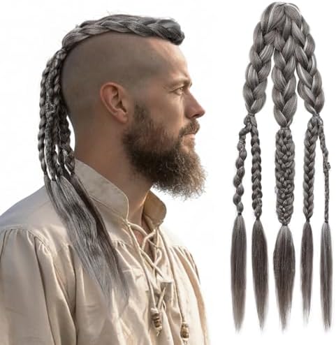 NTYNTY Viking Hair Extensions for Men – 24" Handcrafted Clip In Braided Ponytail Hairpiece for Halloween Viking Costume Renaissance Warrior Accessories - Silver Gray by NTYNTY