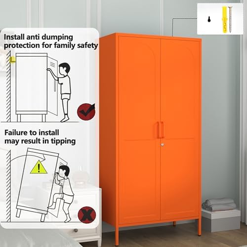 Lockable Metal Armoire Wardrobe Closet, 67 Inch Steel Clothing Storage Cabinet, Hanging Rod and Adjustable Shelves, Orange 2 Door Storage Cabinet for Bedroom Cloak Room Office Gym - Image 6