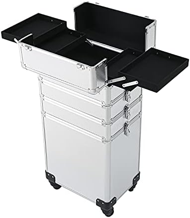 4 in 1 Rolling Makeup Train Case, Professional Aluminum Makeup Travel Organizer Cosmetic Case, Cosmetology Caboodle Case on 360° Wheels, Beauty Storage Luggage Lockable(Silver) - Image 2