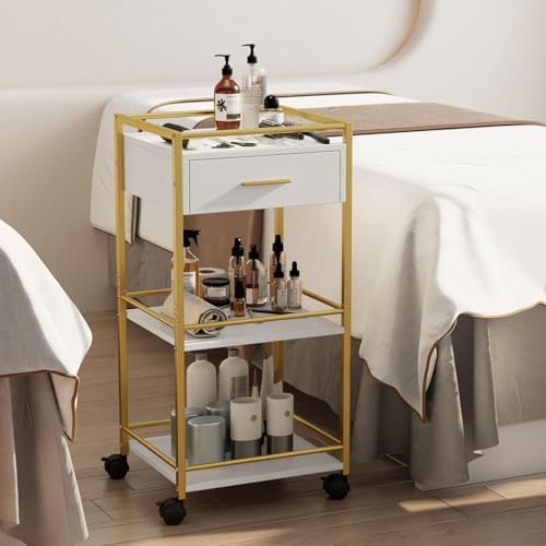 Salon Trolley Cart with Wheels, 3 Shelves & 1 Drawer, Mobile Hair Stylist Station for Tools Storage, Rolling Organizer Cart for Barber & Tattoo Supplies, Durable, Sturdy & Easy to Move - Image 6