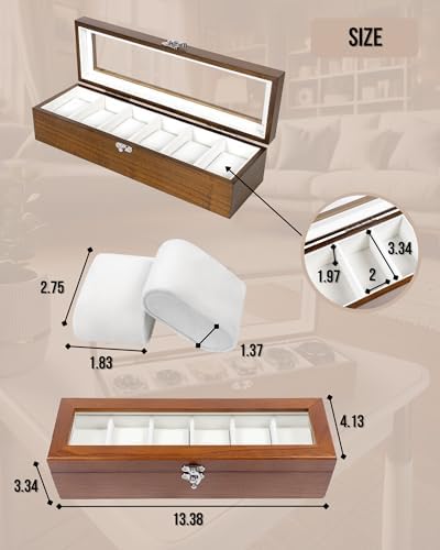 Watch Box, Watch Case for Men Women with Large Glass Lid, Wooden Watch Display Storage Box with 6 - Slots, Rustic Brown Mens Watch Box Organizer - Image 6