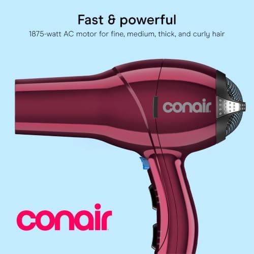 Conair Hair Dryer with Diffuser, Concentrator & Round Brush, Burgundy - Image 2