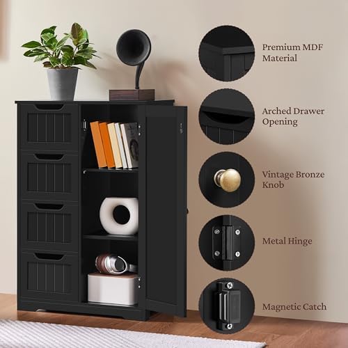 Yaheetech Small Bathroom Storage Cabinet with 4 Drawers & Door, Black - Image 5