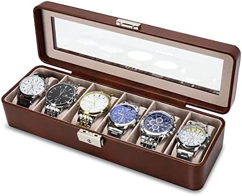 Watch Box for Men, 6 Slot PU Leather Watch Organizer with Glass Lid and Lock, Display Storage Case for Watches, Bracelets & Jewelry, Brown Gift Case Brown by BareTulip