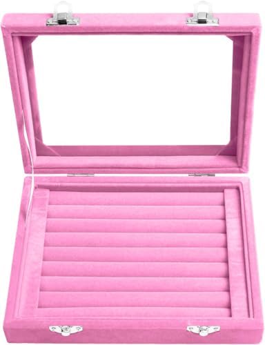 Jewelry Box Rings Organizer Tray 7 Slots Velvet Earring Storage Box With Transparent Lid Jewelry Display Case for Women (Light Pink) - Image 7