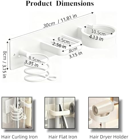 Hair Dryer Holder Wall Mounted Blow Dryer Holder Curling Iron Holder Straightener Holder 3 in 1 Bathroom Metal Hair Tool Organizer Rack（White） - Image 5