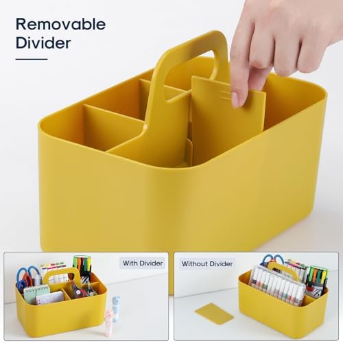 Multiuse Caddy Organizer with Handle, Portable Divided Plastic Tote Bin - Art Craft, Stationary Pen Marker Crayon, Makeup Hair Supplies Storage - Bathroom, Classroom, Dorm, Office, Desk Holder -Yellow - Image 6