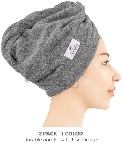 American Soft Linen 100% Cotton Hair Towels for Women, Head Towel Cap, Cotton Hair Turban Towel Wrap for Long Curly Anti Frizz Hair, Soft and Absorbent Cotton Hair Towels 2 Pack, Dark Gray - Image 2
