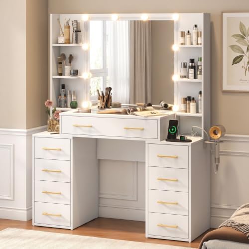 Vanity Desk with Mirror and Lights, 43.5" Large Makeup Vanity with Glass Top and 9 Drawers, Makeup Table with Charging Station & Drawer Dividers, Modern Bedroom Dressing Table for Women & Girls, White - Image 3