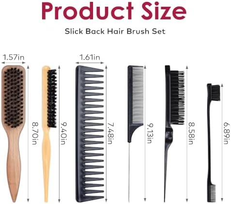 Slick Back Hair Teasing Boar Bristle Brush Set for Flyaways, Edge Hair Brushes, Volume Comb, Rat Tail Comb, Wide Tooth for Girls, Kids, Women & Men - Image 5