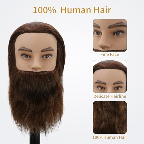 Male Mannequin Head,Training Head with 100% Human Hair 12inch Barber Mannequin Head Male Mannequin Head With Beard for Hair Styling, Practicing Cut Styling（Dark Brown） - Image 3