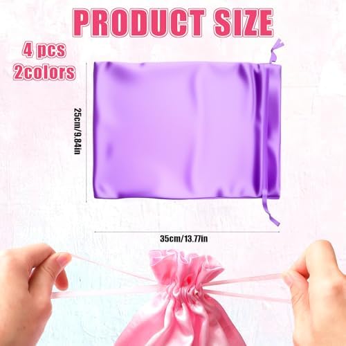 4Pcs Satin Wig Bags with Drawstring, Purple & Pink Silk Hair Storage Bags for Multiple Wigs, Hair Extensions, Weave Bundles and Braids (2 Purple + 2 Pink) - Image 2