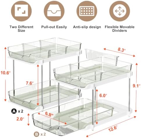 Delamu 2-Tier Multi-Purpose Bathroom Under Sink Organizers and Storage, Stackable Kitchen Pantry Organization, Pull Out Medicine Cabinet Organizer with Movable Dividers, Light Green, 4 Pack - Image 2