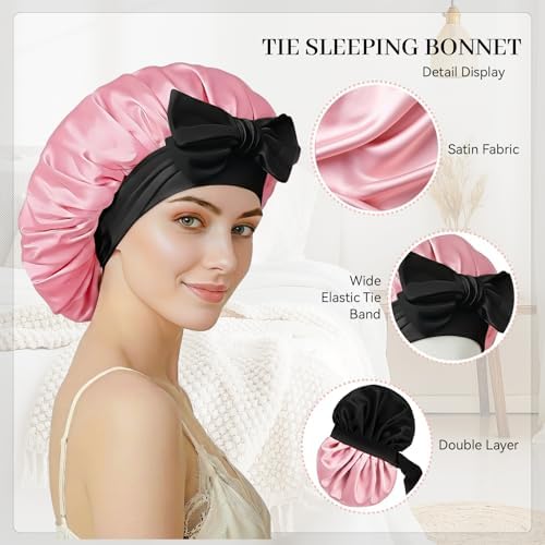 Silk Bonnet for Sleeping Satin Hair Bonnet Double Layer Adjustable Sleep Cap with Elastic Tie Band - Image 4