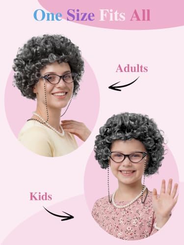 URATOT 5 Pieces Halloween Old Lady Wig Costume Set Grandma Wig Hair Rollers Glasses Chain Necklace Bracelet - Image 3