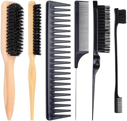 Slick Back Hair Teasing Boar Bristle Brush Set for Flyaways, Edge Hair Brushes, Volume Comb, Rat Tail Comb, Wide Tooth for Girls, Kids, Women & Men by HappyNailswithMelous