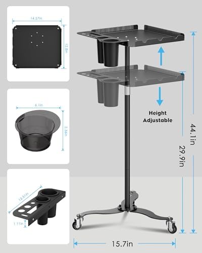 Salon Tray on Wheels,Metal Tray Rolling Cart with 2 Magnetic Bowls,Tattoo Tray, Salon Station with Hairstylist Holder and Hair Separator Stand,Multi-Function Adjustable with Wheels - Image 5
