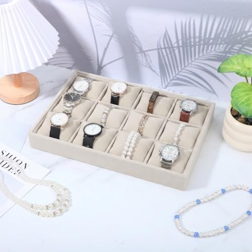 2 Pack 12 Grid Velvet Watch Tray Organizer with Removable Pillows - Stackable Bracelet & Bangle Display Holder for Drawer, Store, or Travel - Beige - Image 4