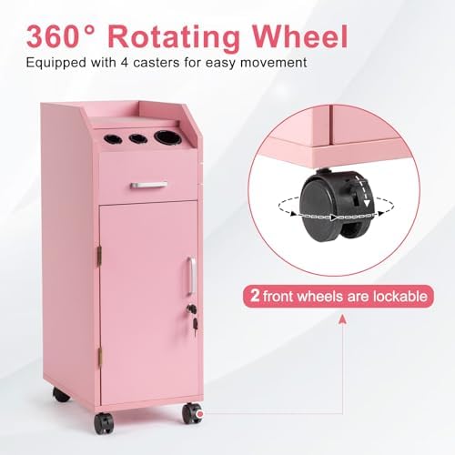 Winado Salon Trolley Cart with 4 Trays, 3 Hair Dryer Holders, Pink - Image 6